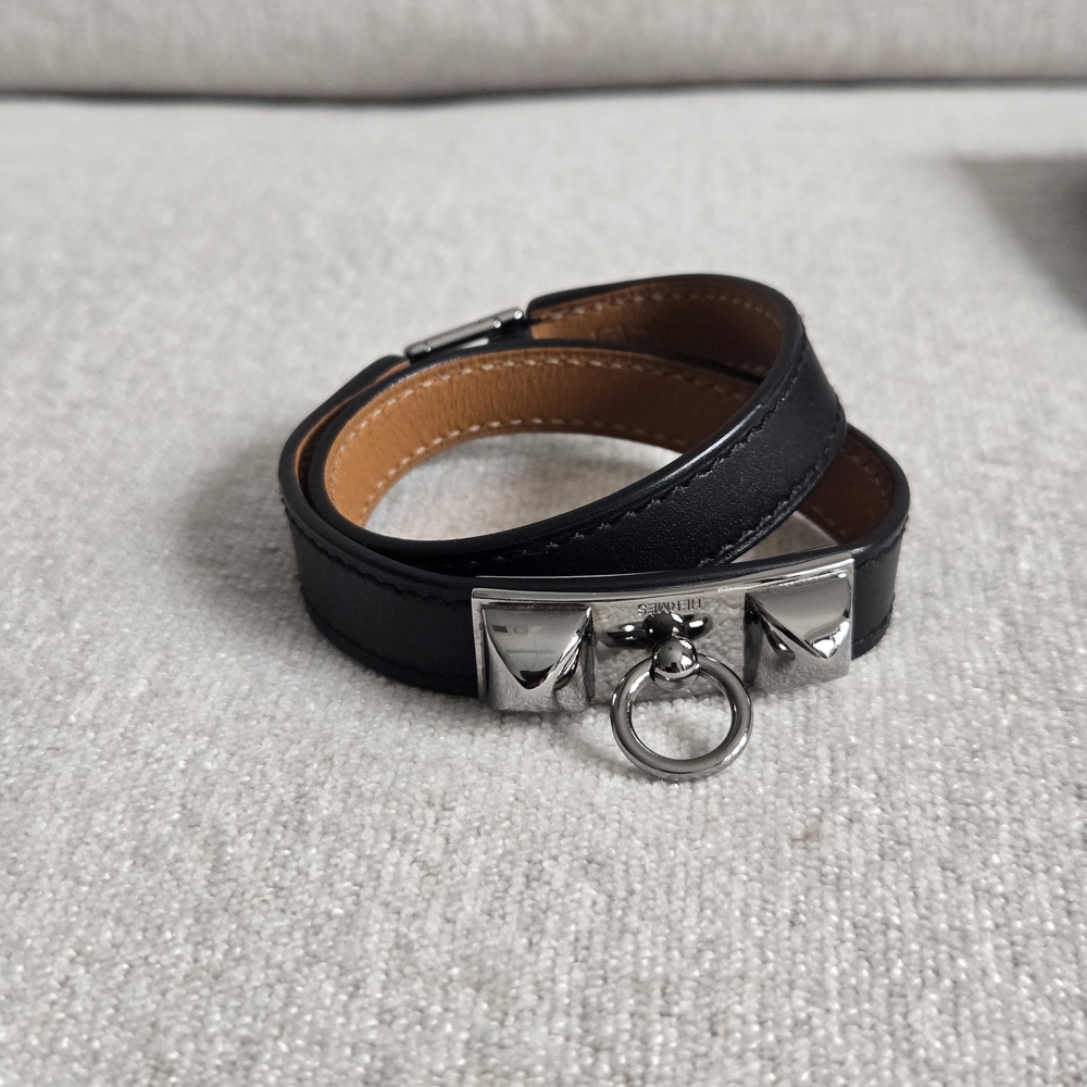 Hermes Black and Tan Leather Double Tour Bracelet with Palladium Ring